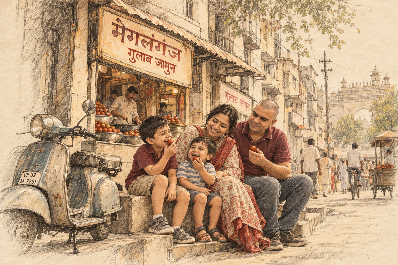 Illustration of a family sharing gulab jamun outside a sweet shop