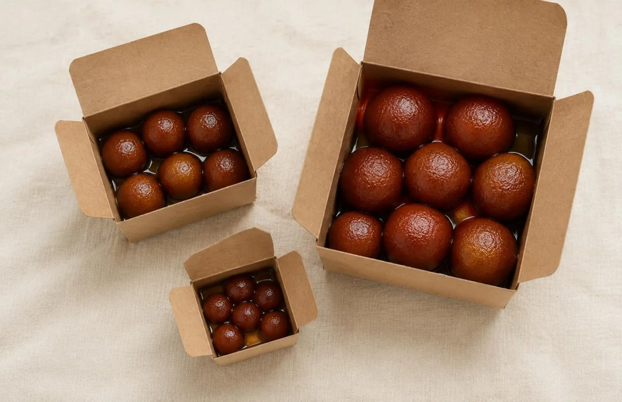 Three boxes of gulab jamun in small, medium and large sizes