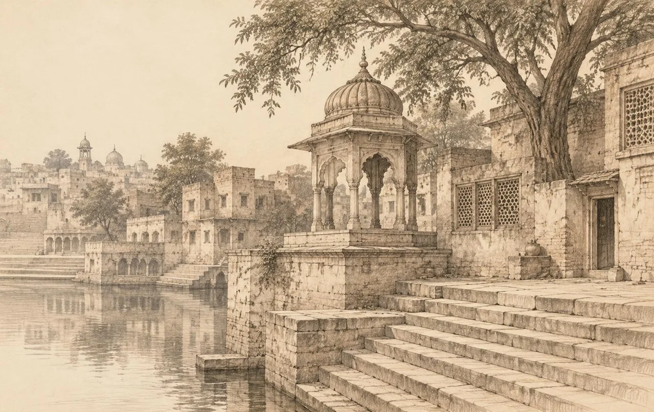 Pencil drawing of a stone pavilion and steps beside still water